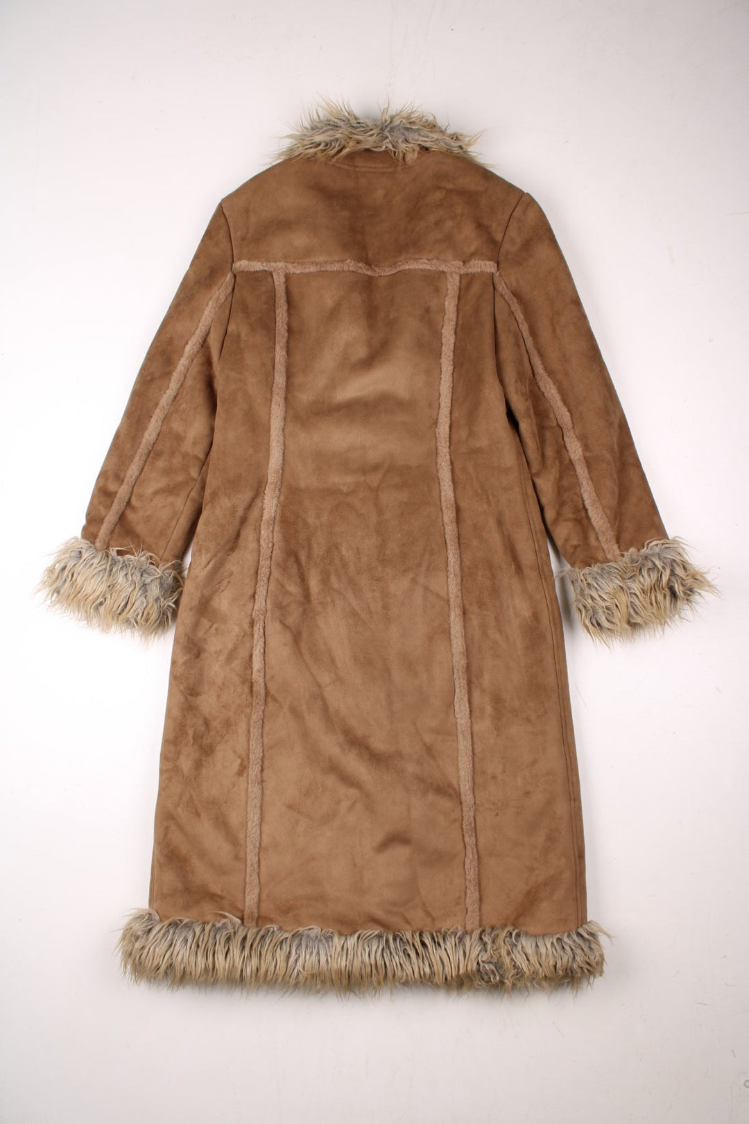 Y2K suede-effect full length afghan coat in tan with faux fur trim, two pockets, and hook and eye closure by Next.