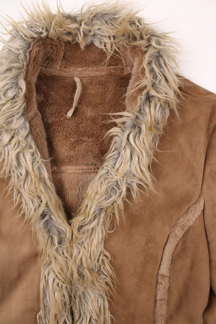 Y2K suede-effect full length afghan coat in tan with faux fur trim, two pockets, and hook and eye closure by Next.