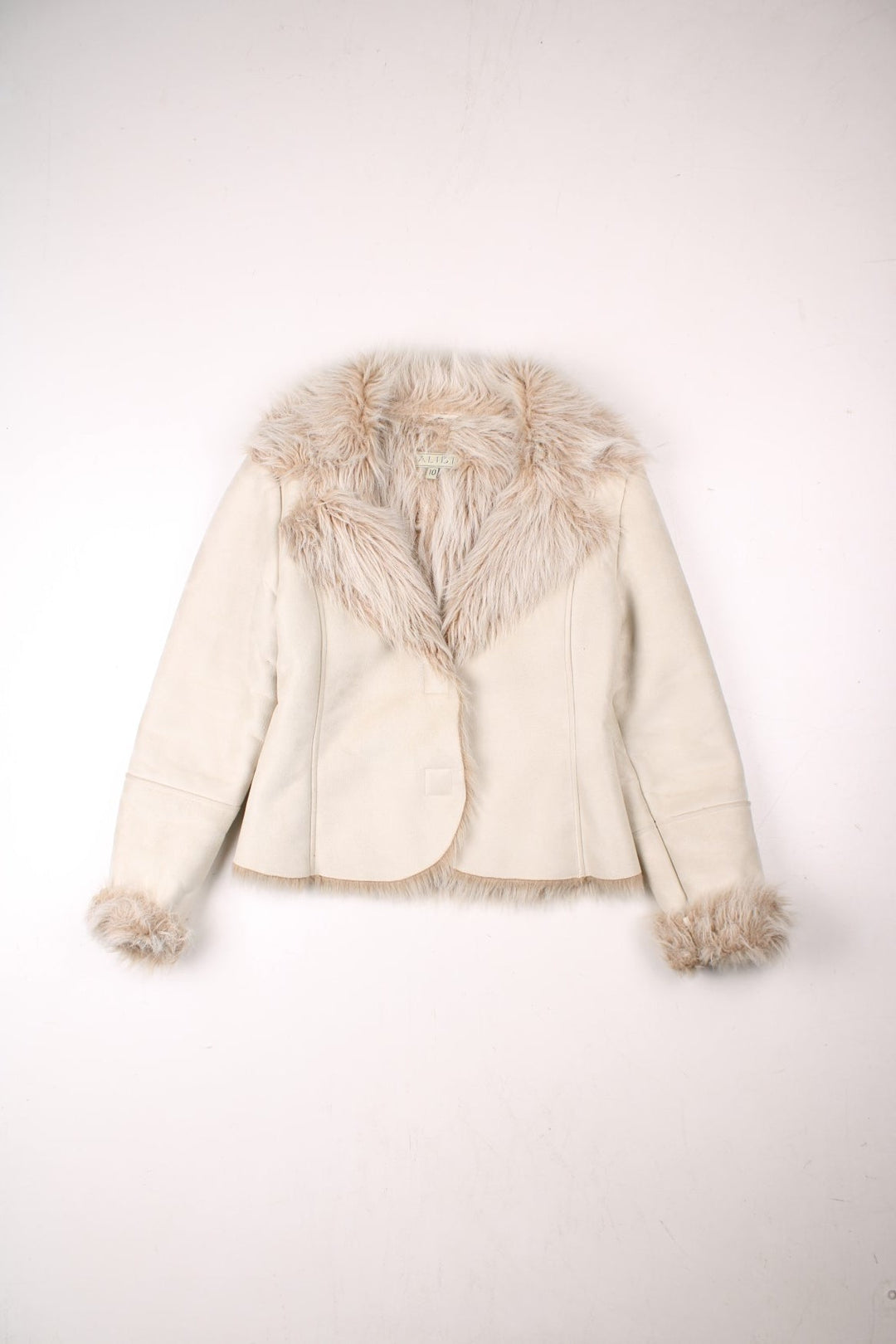 Y2K cropped suede-effect afghan coat in white with faux fur trim and snap closure by Alibi.