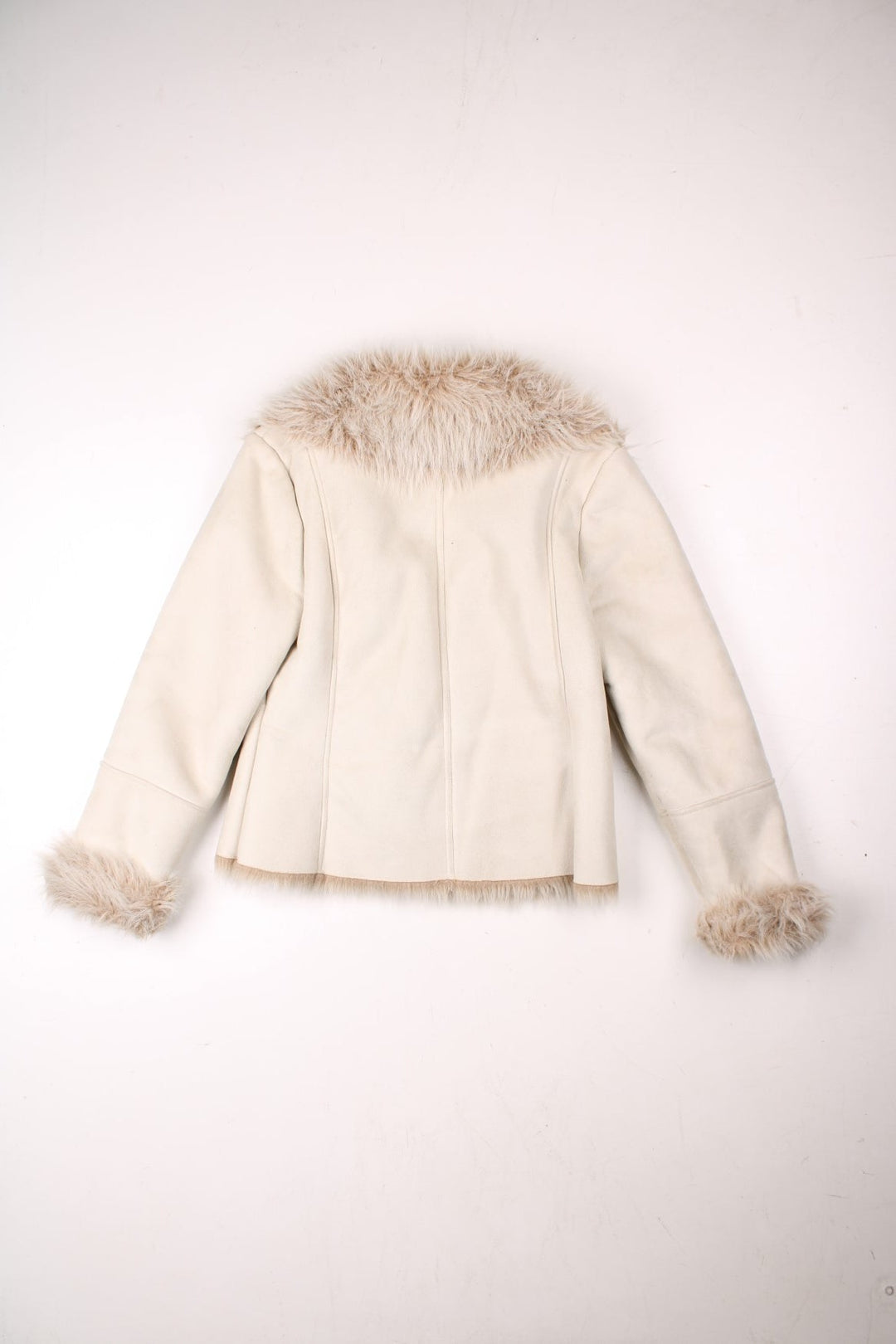 Y2K cropped suede-effect afghan coat in white with faux fur trim and snap closure by Alibi.