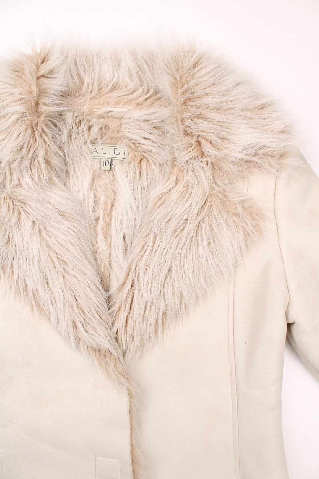 Y2K cropped suede-effect afghan coat in white with faux fur trim and snap closure by Alibi.