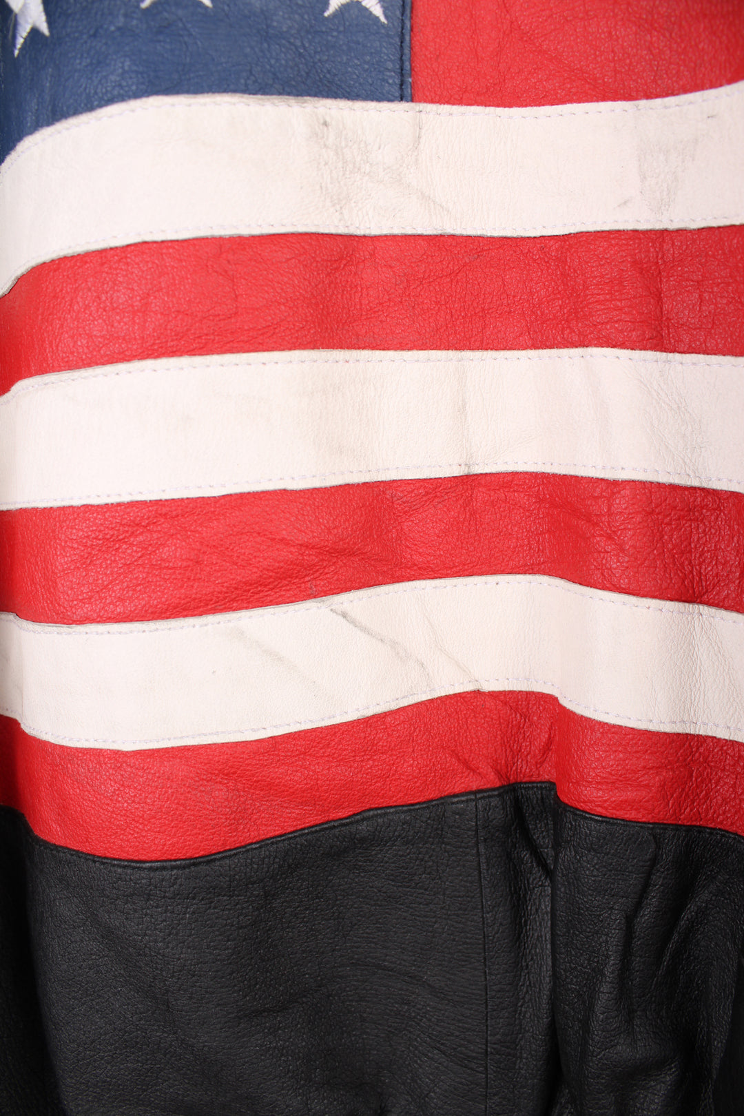 Vintage 90's style USA themed leather bomber jacket with spell-out detailing down the sleeves and USA flag on the back 