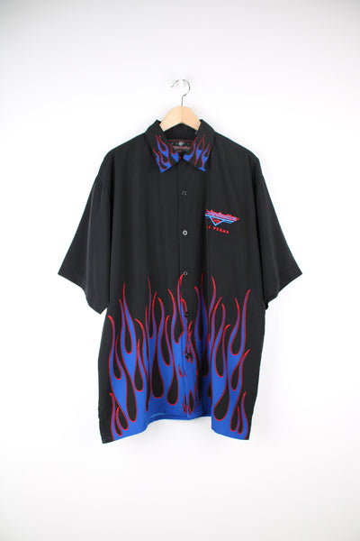 Vintage Harley-Davidson Cafe Las Vegas black with blue flame button up shirt, features embroidered logo on the chest
