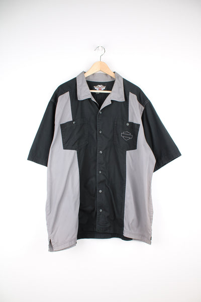 Vintage Harley-Davidson grey and black button up cotton shirt with embroidered motif on the back 