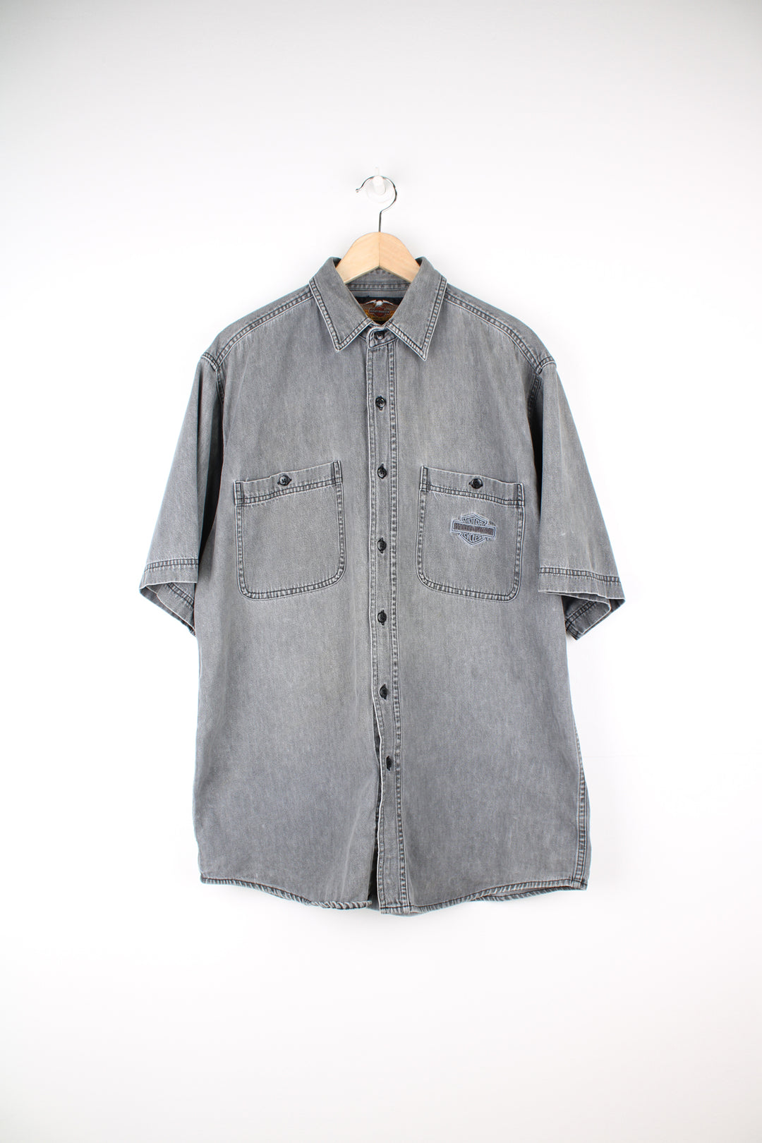 Harley-Davidson grey faded denim effect button up cotton shirt with embroidered logo on the chest pocket