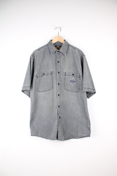 Harley-Davidson grey faded denim effect button up cotton shirt with embroidered logo on the chest pocket