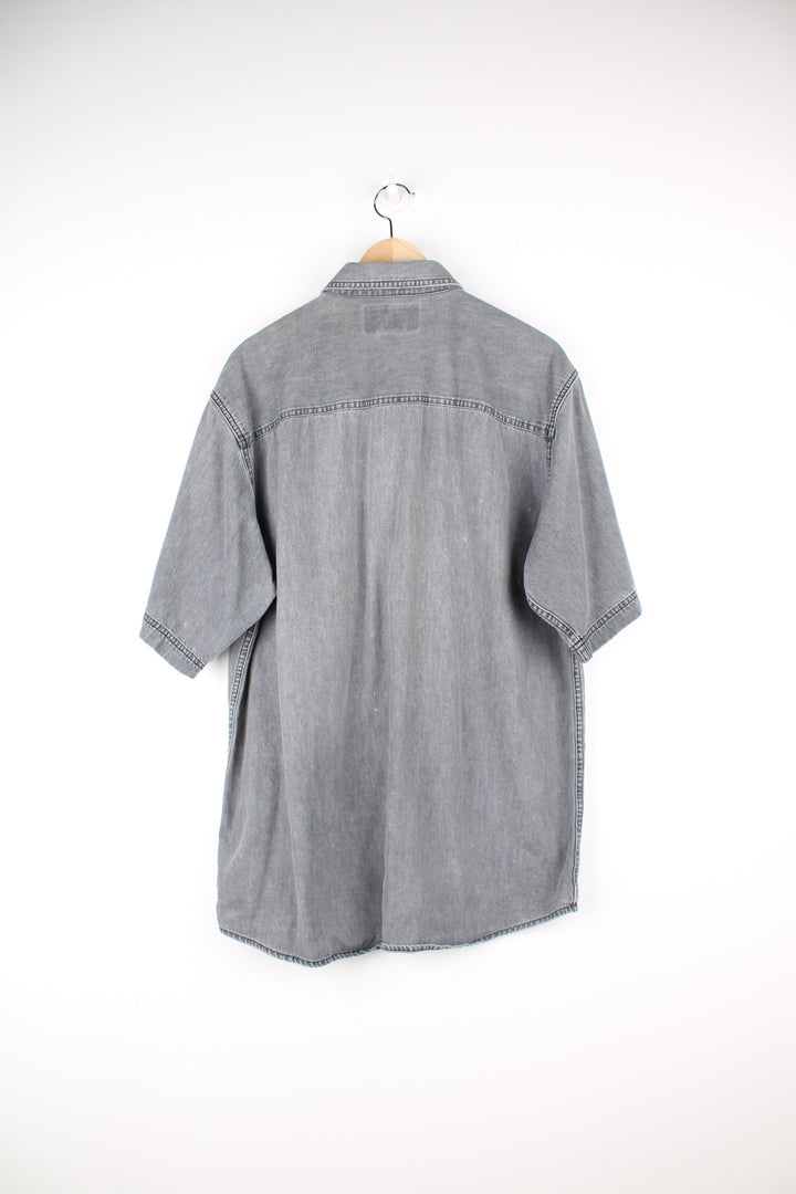 Harley-Davidson grey faded denim effect button up cotton shirt with embroidered logo on the chest pocket