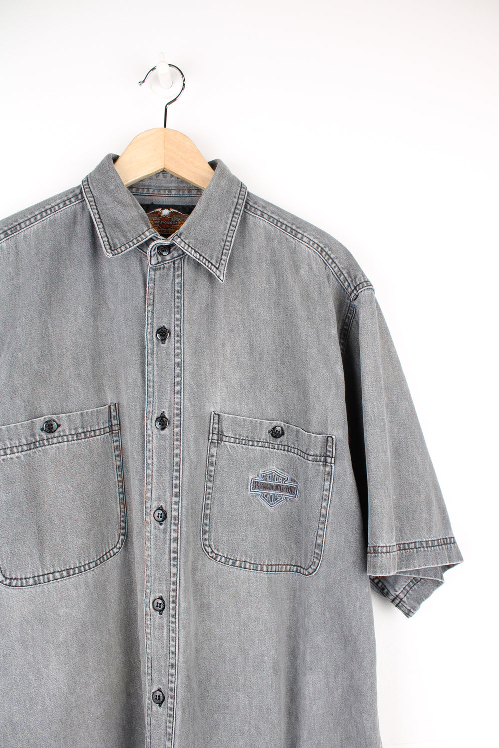 Harley-Davidson grey faded denim effect button up cotton shirt with embroidered logo on the chest pocket