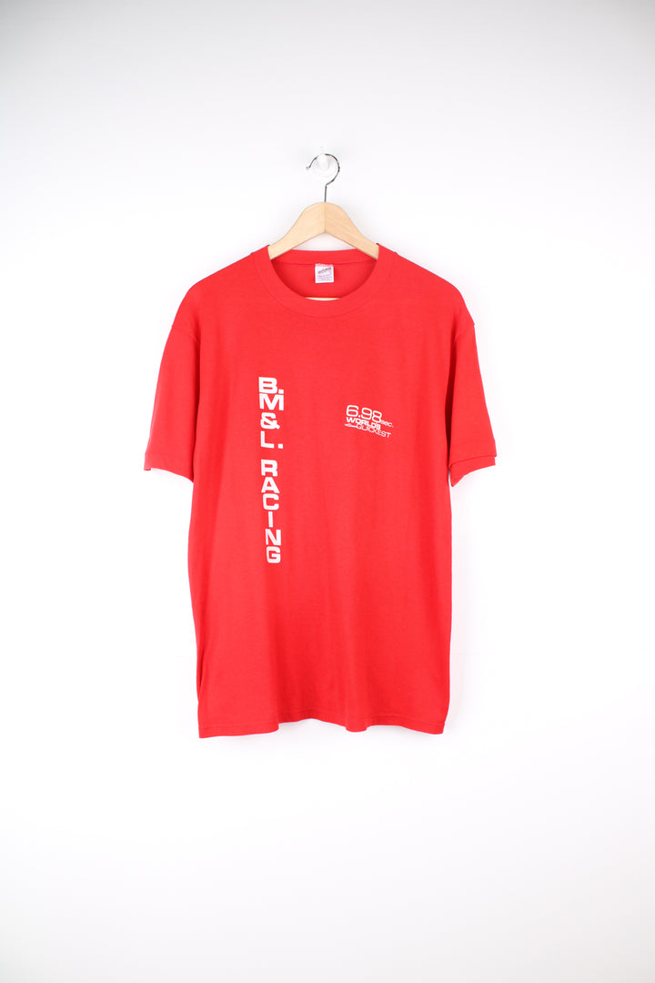 Vintage 1988 B.M&L. Racing single stitch graphic t-shirt in red, features printed spell-out motif on the front and motorcycle on the back 