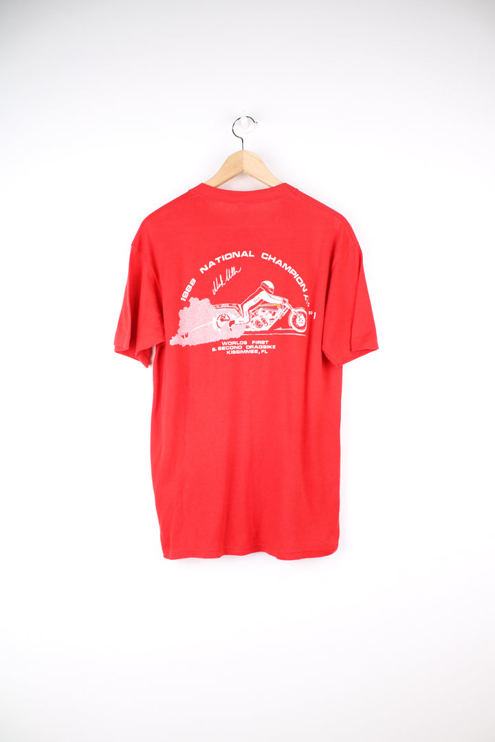 Vintage 1988 B.M&L. Racing single stitch graphic t-shirt in red, features printed spell-out motif on the front and motorcycle on the back 