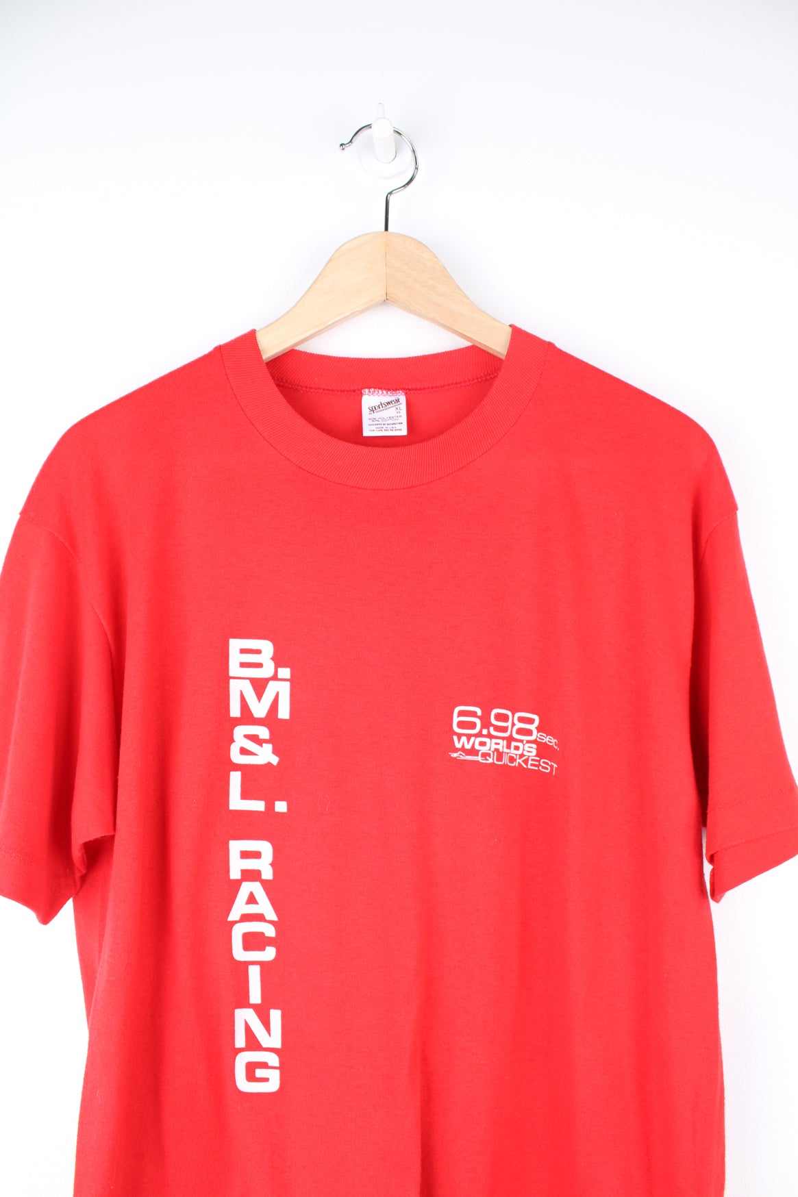 Vintage 1988 B.M&L. Racing single stitch graphic t-shirt in red, features printed spell-out motif on the front and motorcycle on the back 