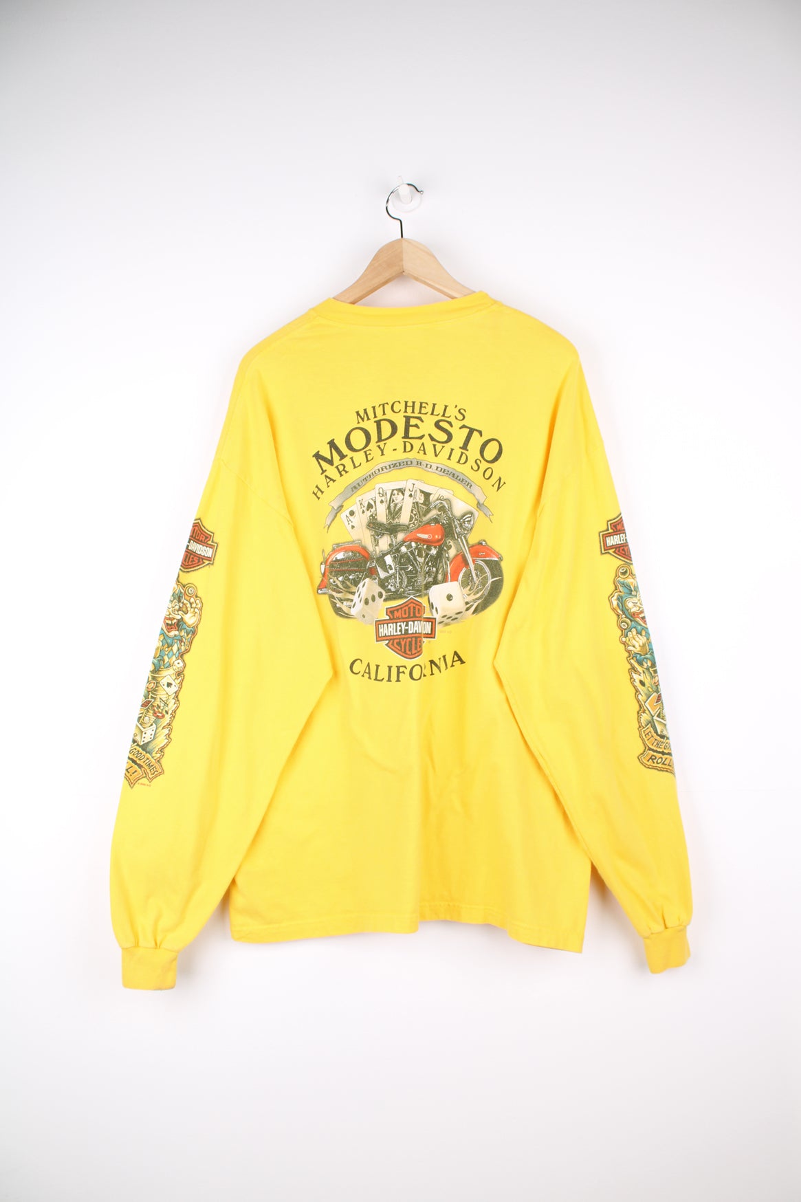 2007/8 Harley-Davidson California yellow long sleeve top with printed clown graphics on the front, back and sleeves 