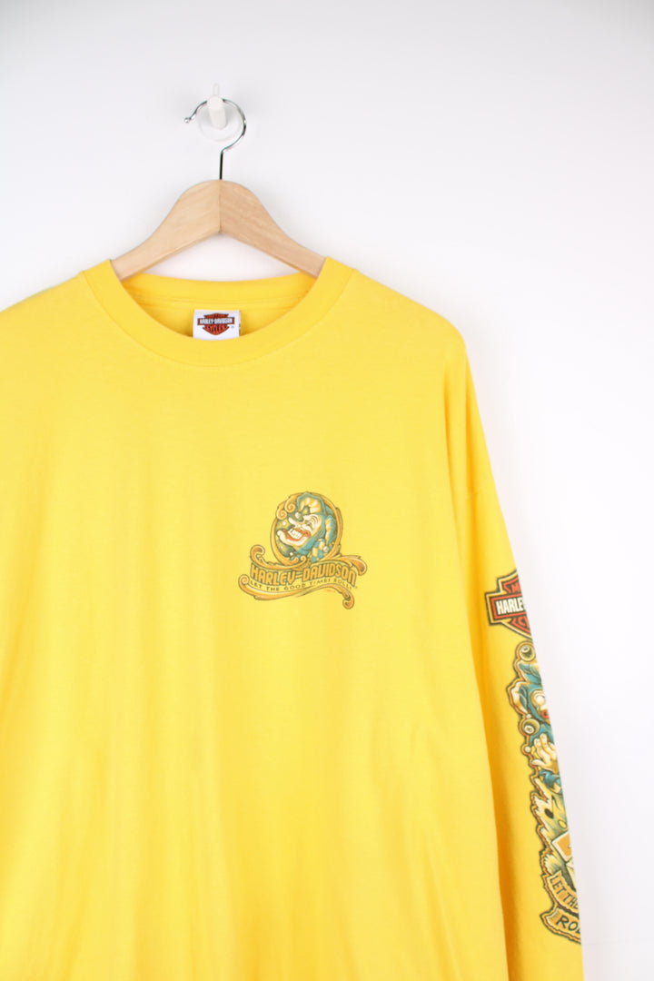 2007/8 Harley-Davidson California yellow long sleeve top with printed clown graphics on the front, back and sleeves 