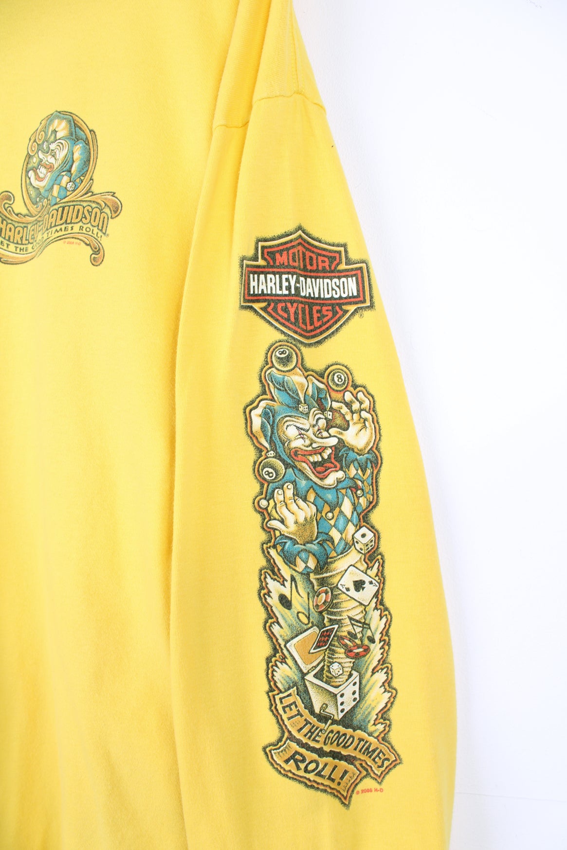 2007/8 Harley-Davidson California yellow long sleeve top with printed clown graphics on the front, back and sleeves 