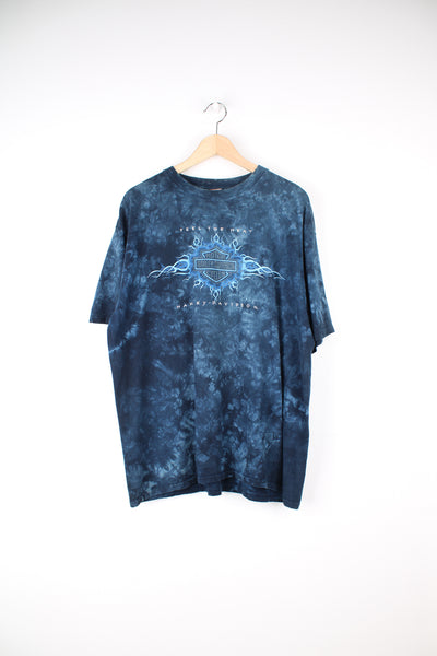 Vintage 1999 Harley-Davidson blue tie dyed t-shirt with printed spell-out graphics on the front and back 