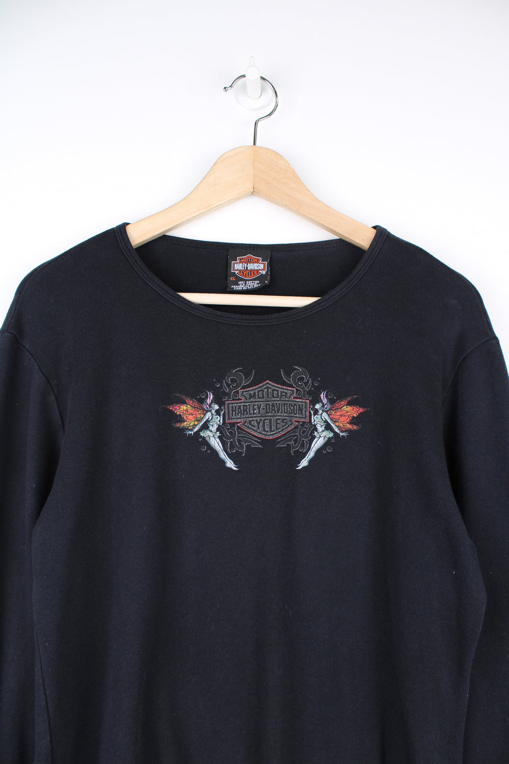 Vintage Harley-Davidson Virginia Beach long sleeve black top with fairy / spell-out graphic on the front and down the sleeves