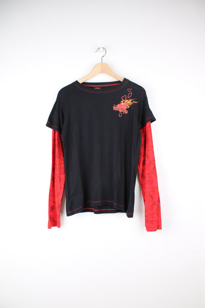 Vintage Harley-Davidson long sleeve black top with red tattoo style printed sleeves and spell-out graphics