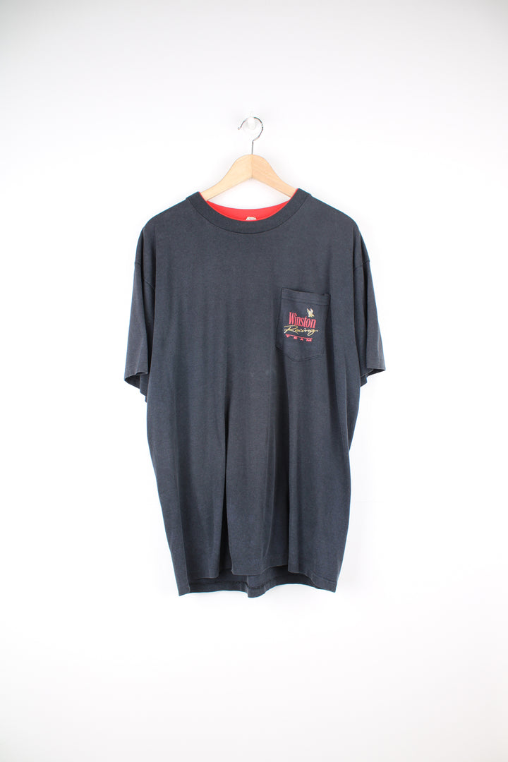 Vintage made in the USA looks like 90's single stitch Winston Racing t-shirt with chest pocket and printed graphics on the front and back 