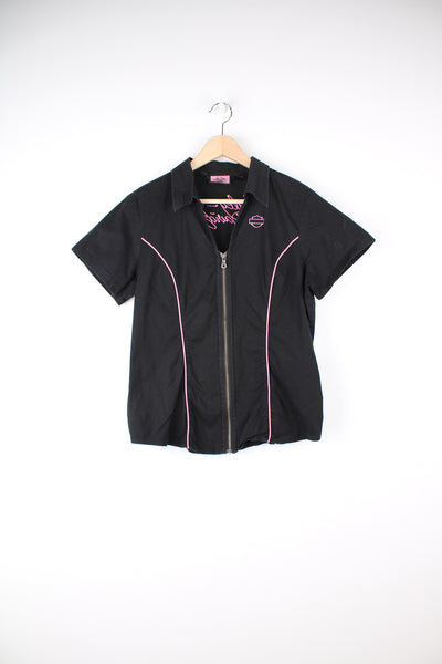 Vintage Harley-Davidson black with pink piping zip through rockabilly style blouse with embroidered spell-out logo on the back  