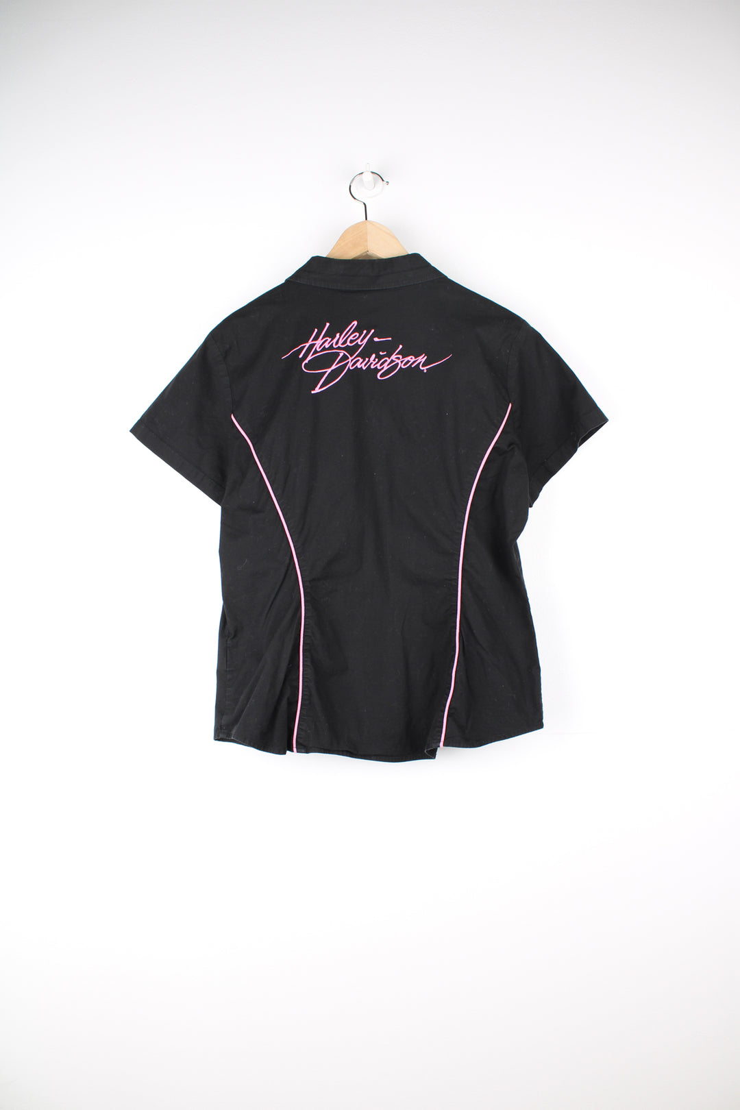 Vintage Harley-Davidson black with pink piping zip through rockabilly style blouse with embroidered spell-out logo on the back  