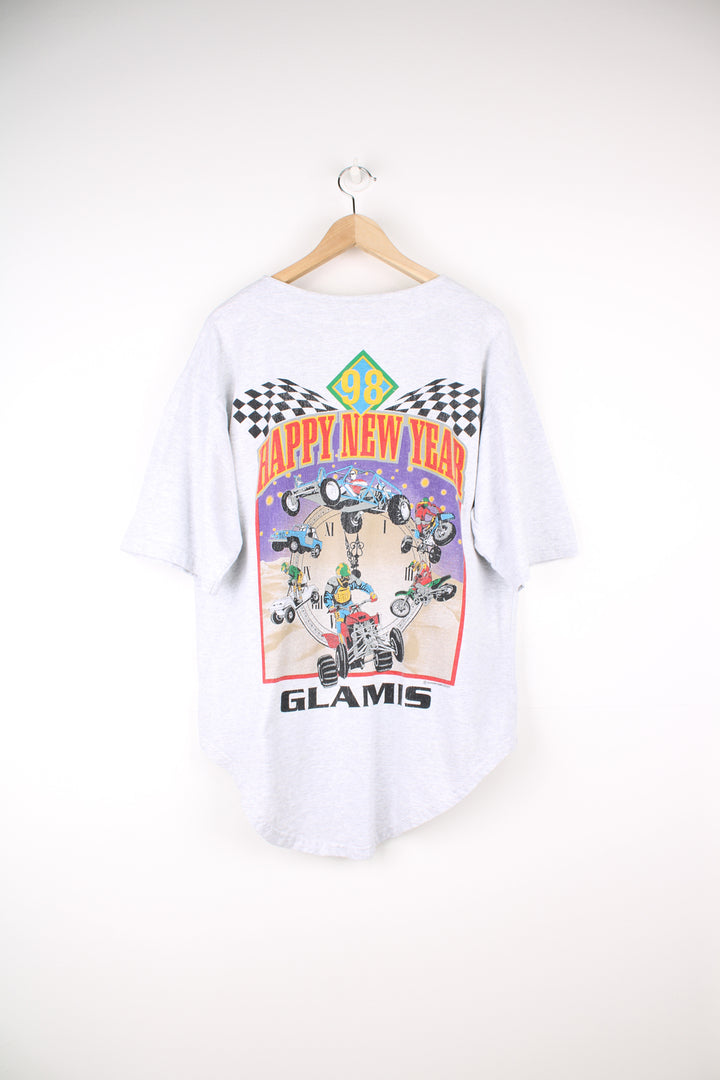 Vintage 1998 'Happy New Year' Glamis quad bike graphic t-shirt in grey made in the USA by Murina