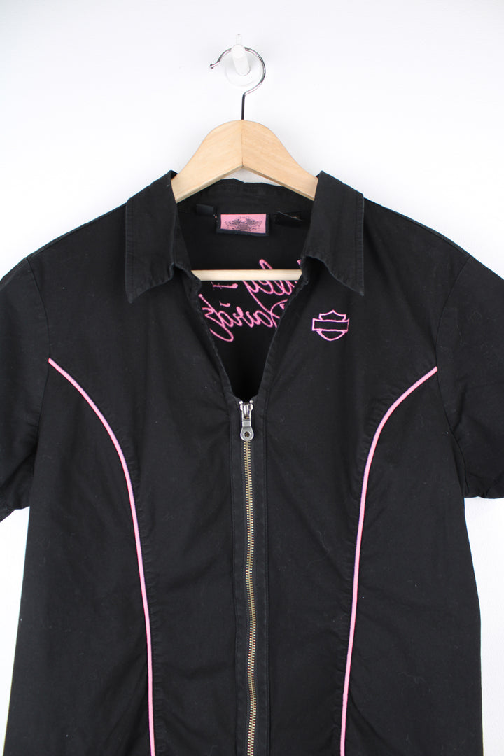 Vintage Harley-Davidson black with pink piping zip through rockabilly style blouse with embroidered spell-out logo on the back  