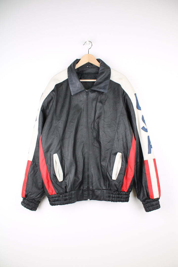 Vintage 90's style USA themed leather bomber jacket with spell-out detailing down the sleeves and USA flag on the back 