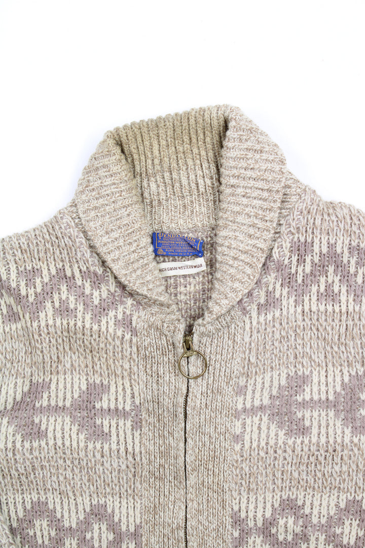 Vintage 70's Pendleton Cowichan light brown knitted full zip through cardigan, features two front pockets and O-ring pull zip.