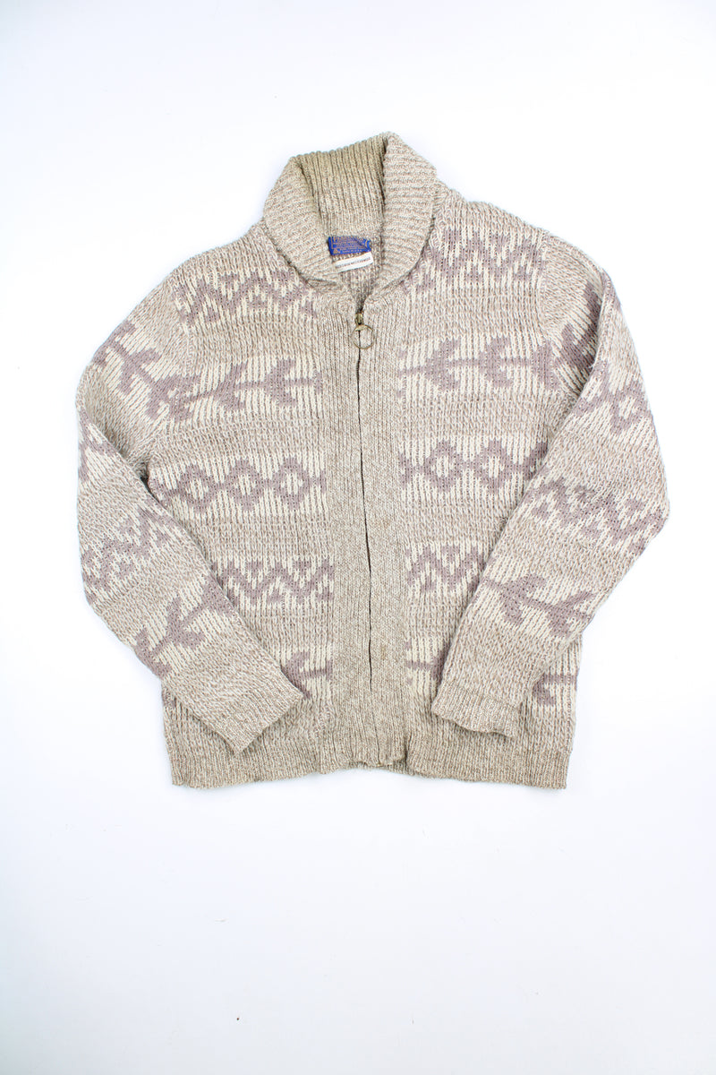 Vintage 70's Pendleton Cowichan light brown knitted full zip through cardigan, features two front pockets and O-ring pull zip.