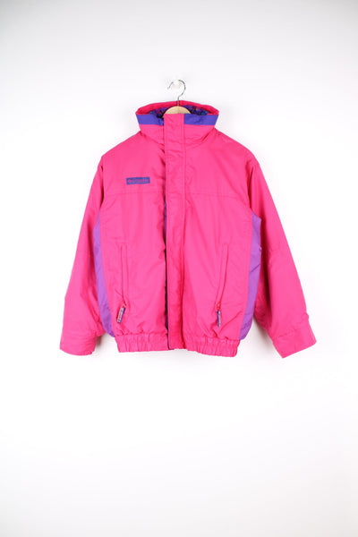 Vintage Columbia Bugaboo coat in pink and purple with removable fleece lining. Features embroidered logo on the chest.