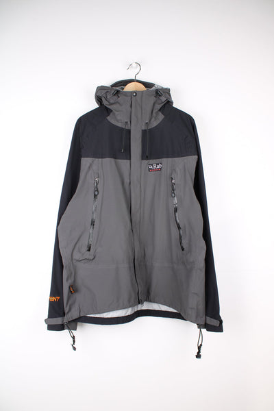 Rab Active zip through rain jacket in black and grey featuring embroidered logo on the chest. 