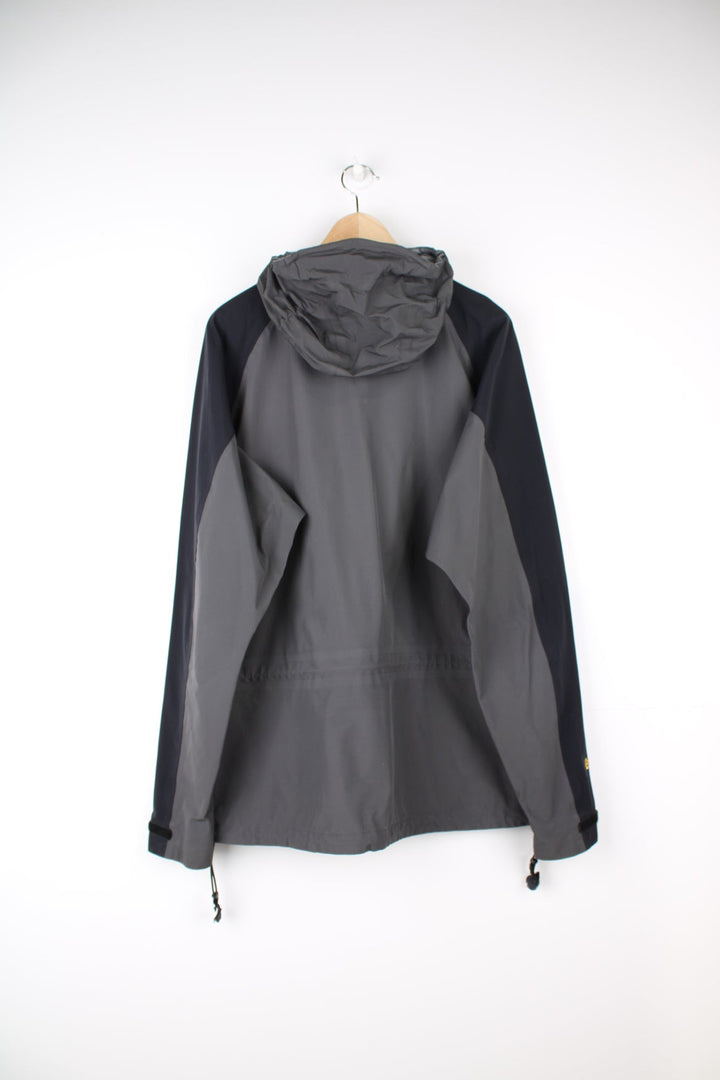 Rab Active zip through rain jacket in black and grey featuring embroidered logo on the chest. 