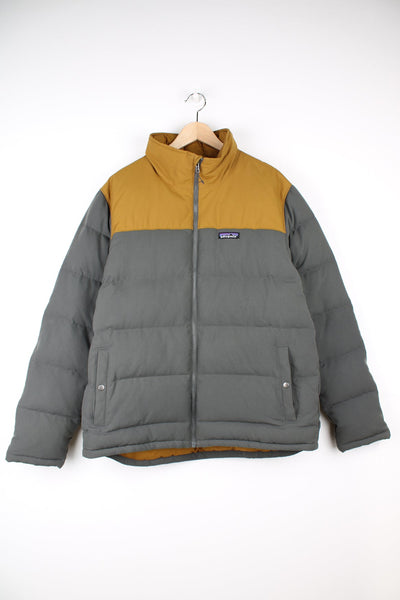 Patagonia Bivy duck down puffer jacket in grey and yellow.