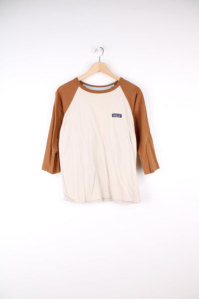 Patagonia Cotton in Conversion top with 3/4 sleeves in beige.