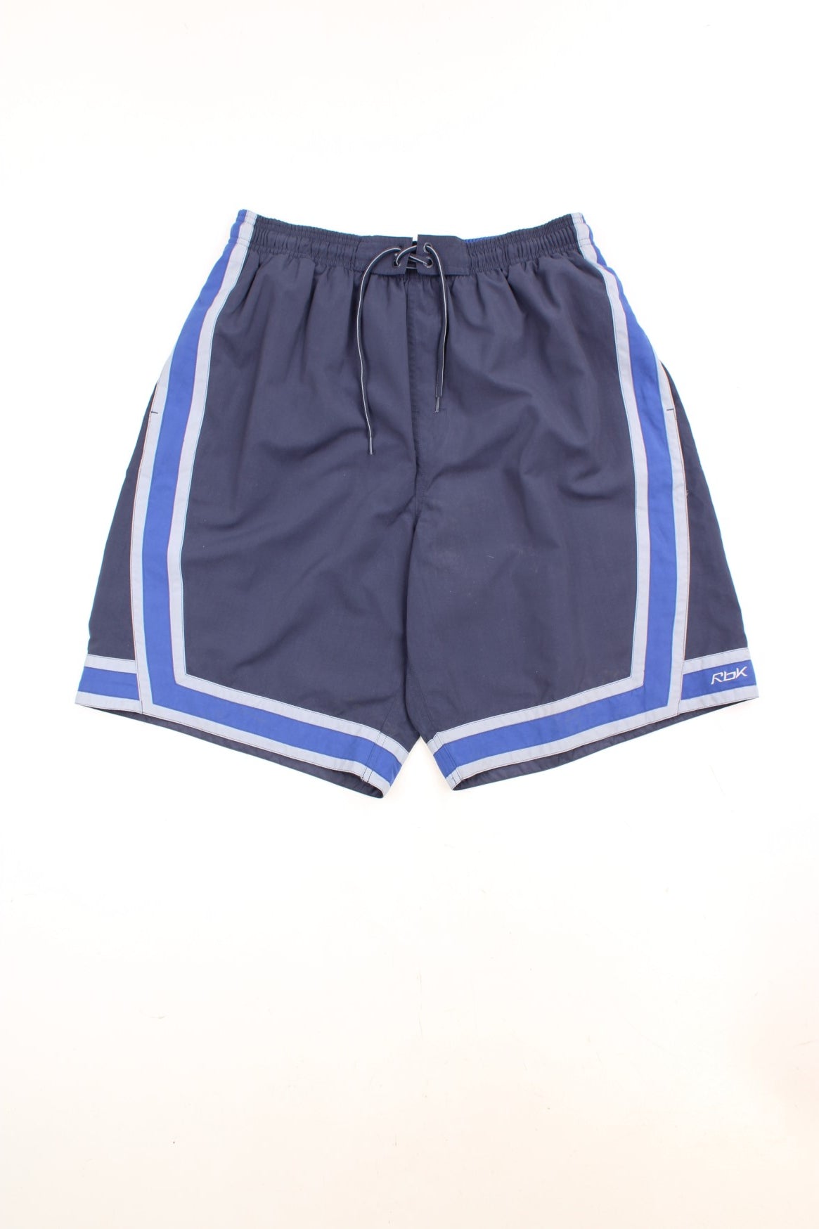 Reebok Shorts in a blue and grey colourway, has an elasticated waist, side pockets, mesh netted lining, and the logo embroidered on the front. 