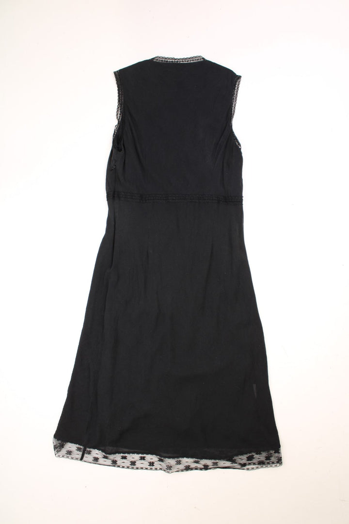 Laura Ashley all black 100% silk midi dress, features beautiful embroidered floral design on the neckline, lace waistband and lace trim