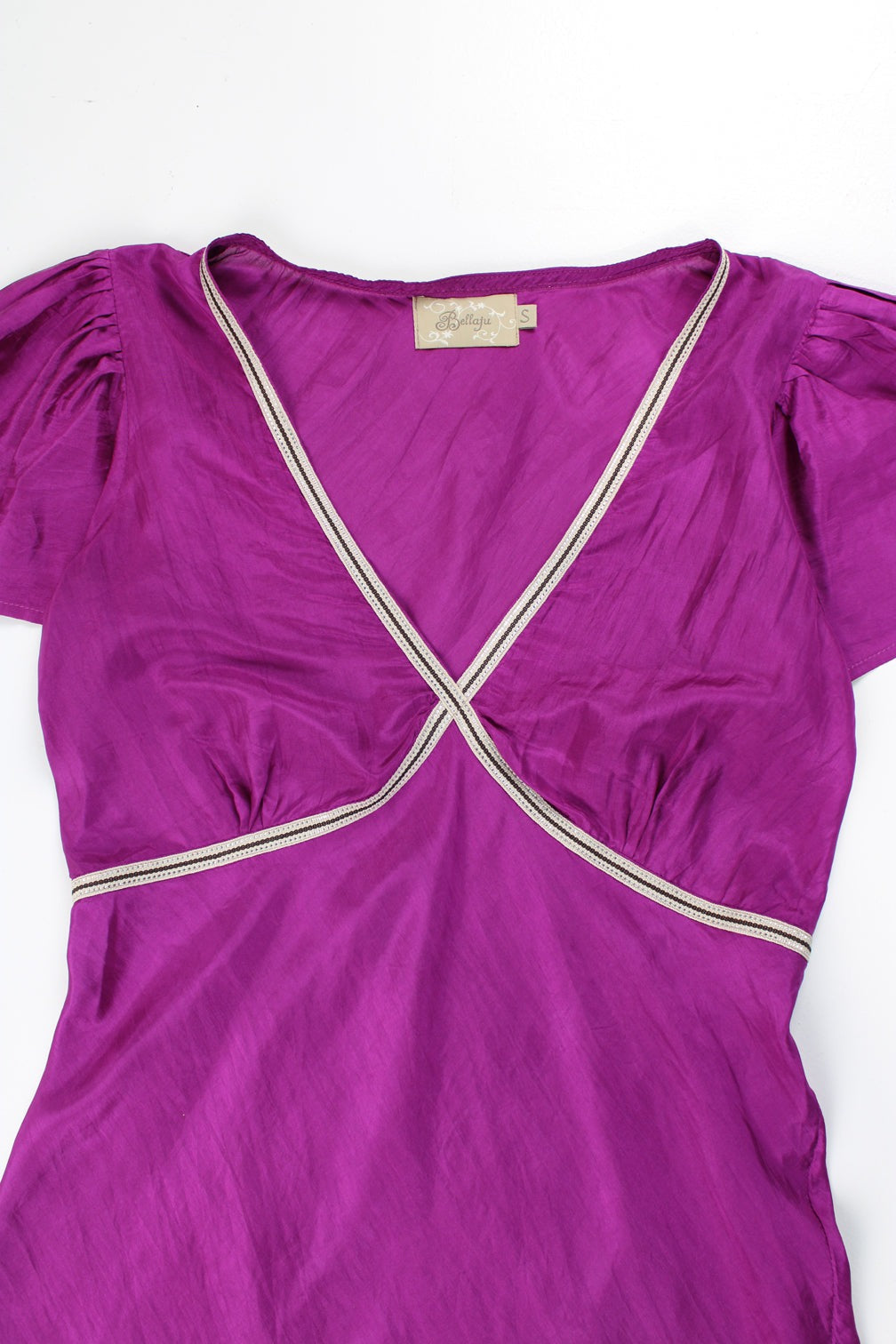 Y2K purple 100% silk top with metallic trim around the neck and ruffled cap sleeves. good condition Size in Label: S - Measures more like a Womens M