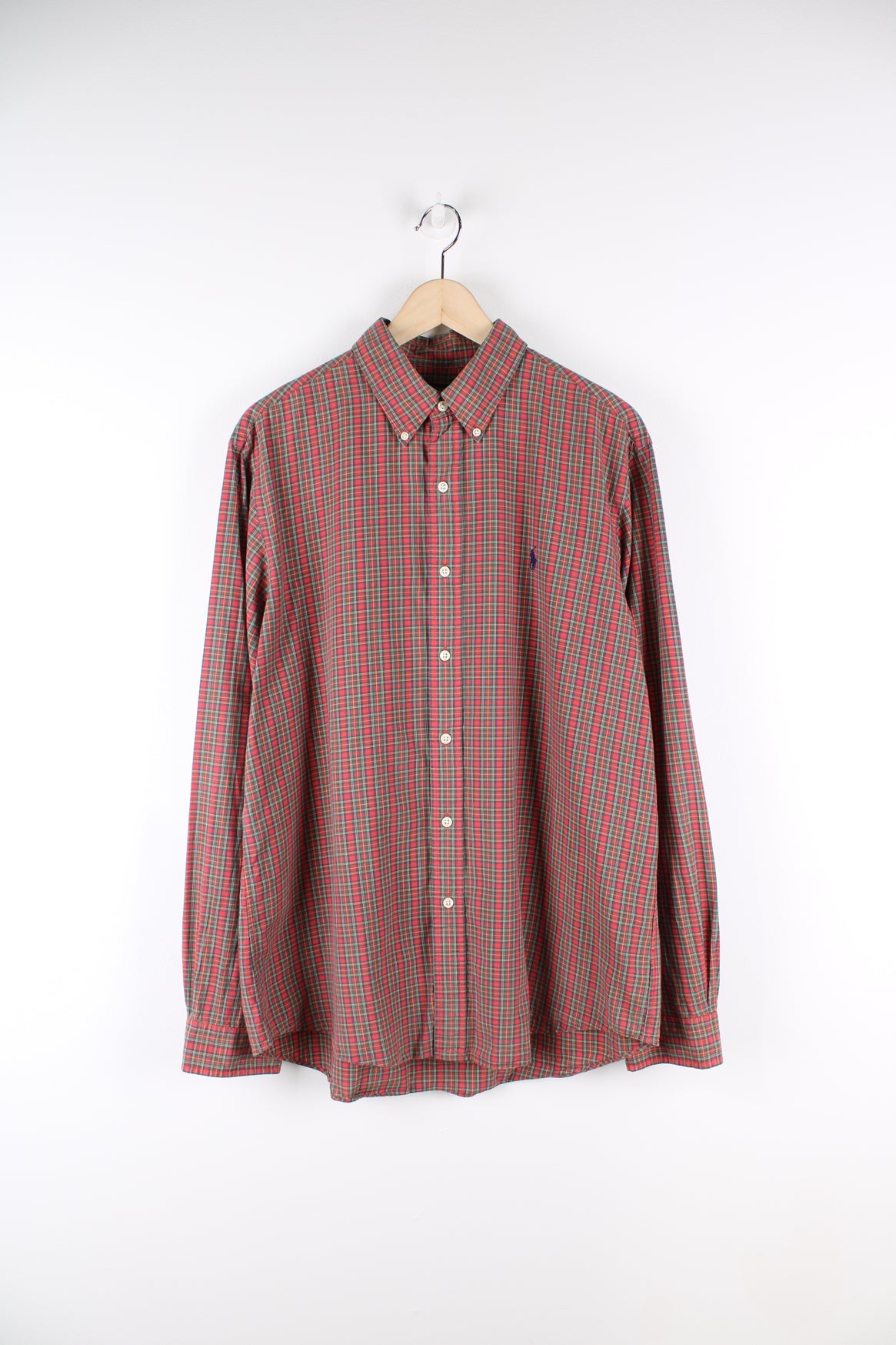 Ralph Lauren red plaid button up shirt with signature embroidered logo on the chest. 