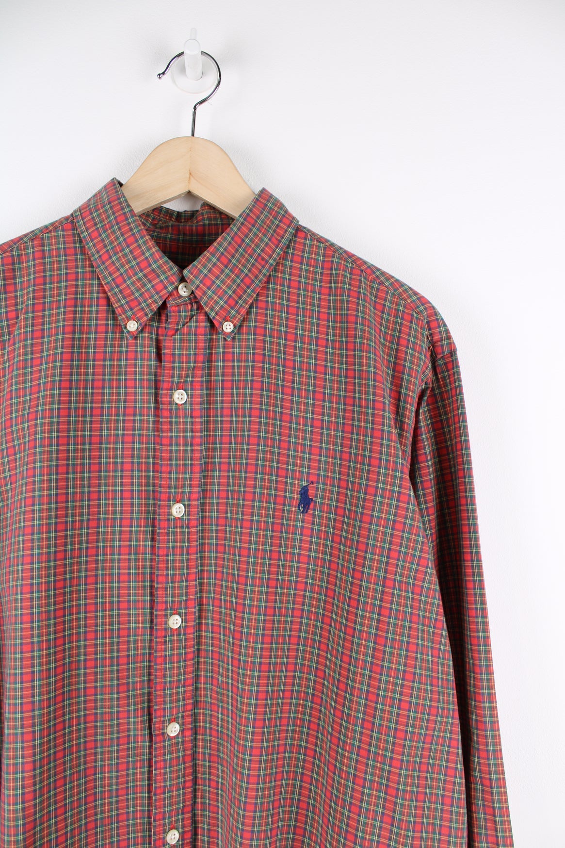 Ralph Lauren red plaid button up shirt with signature embroidered logo on the chest. 