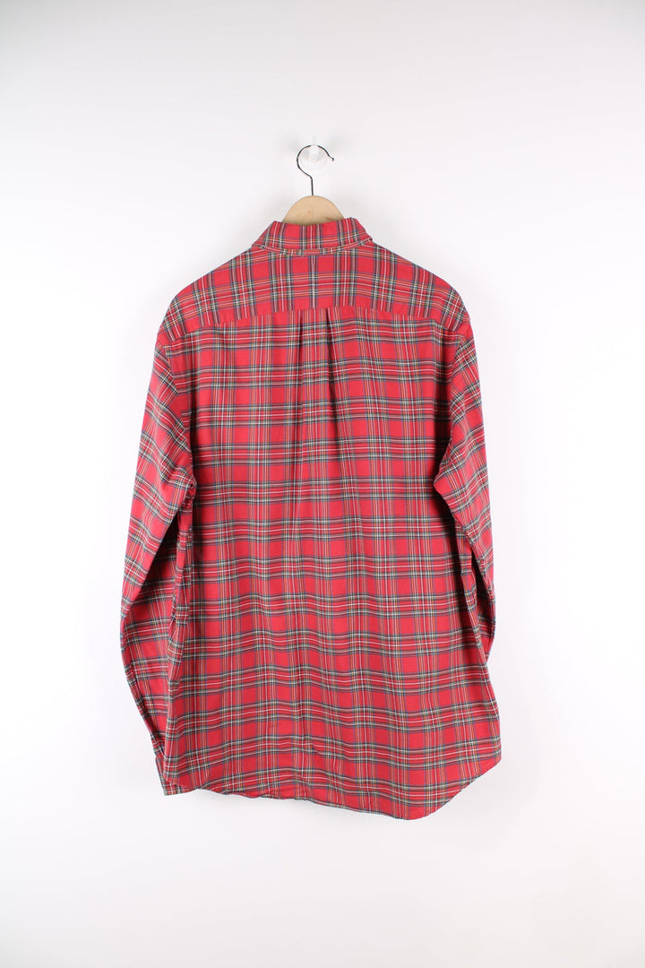 Ralph Lauren red plaid button up shirt with signature embroidered logo on the chest. 