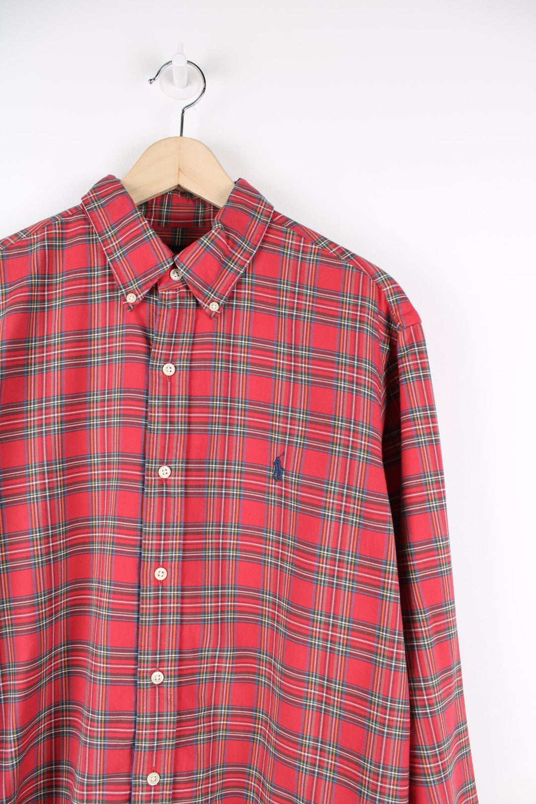 Ralph Lauren red plaid button up shirt with signature embroidered logo on the chest. 