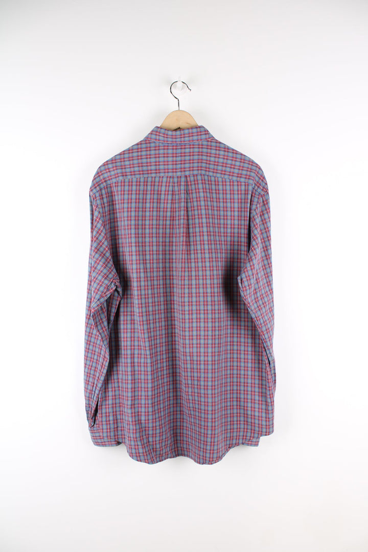 Red and blue Ralph Lauren plaid button up shirt with signature embroidered logo on the chest.