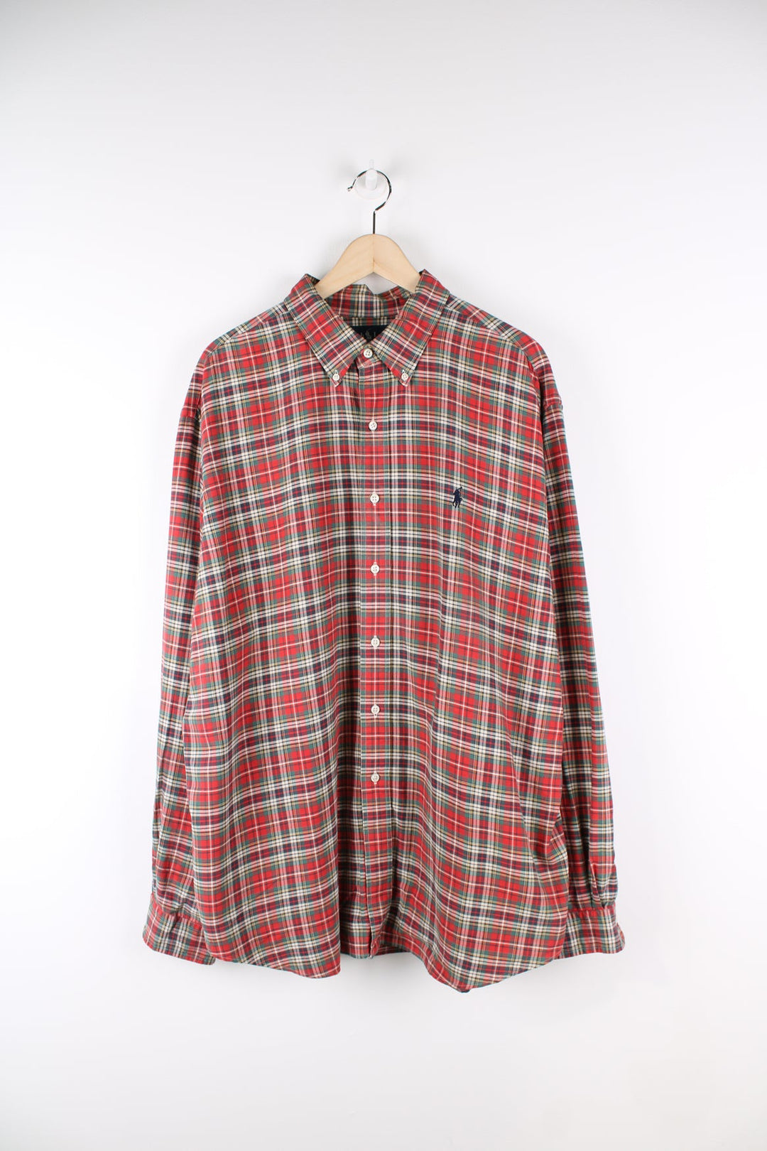 Red and green Ralph Lauren plaid button up shirt with signature embroidered logo on the chest. 