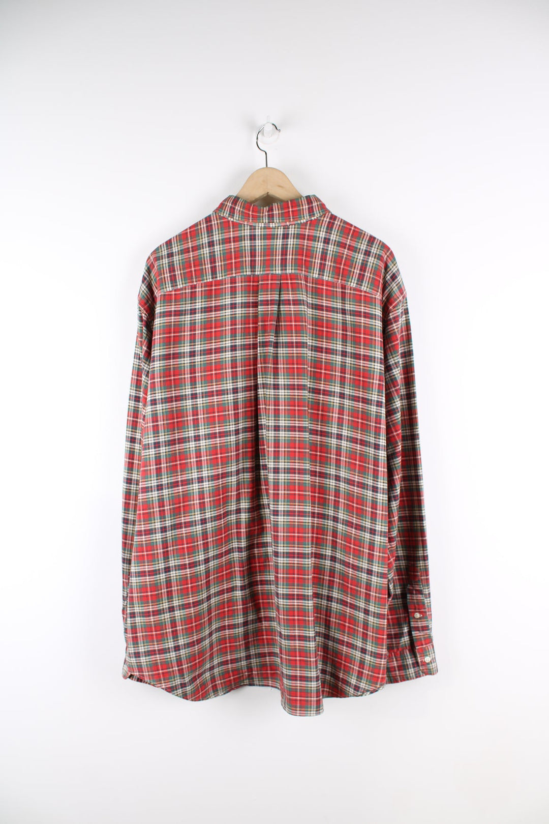 Red and green Ralph Lauren plaid button up shirt with signature embroidered logo on the chest. 