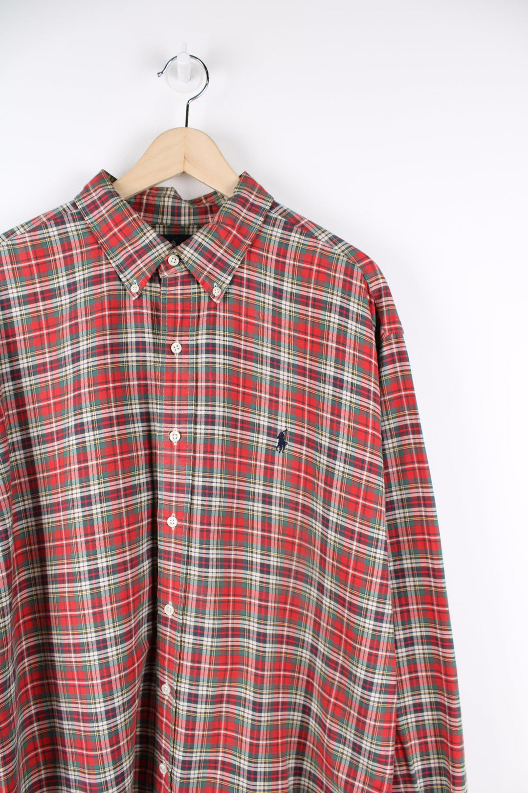 Red and green Ralph Lauren plaid button up shirt with signature embroidered logo on the chest. 