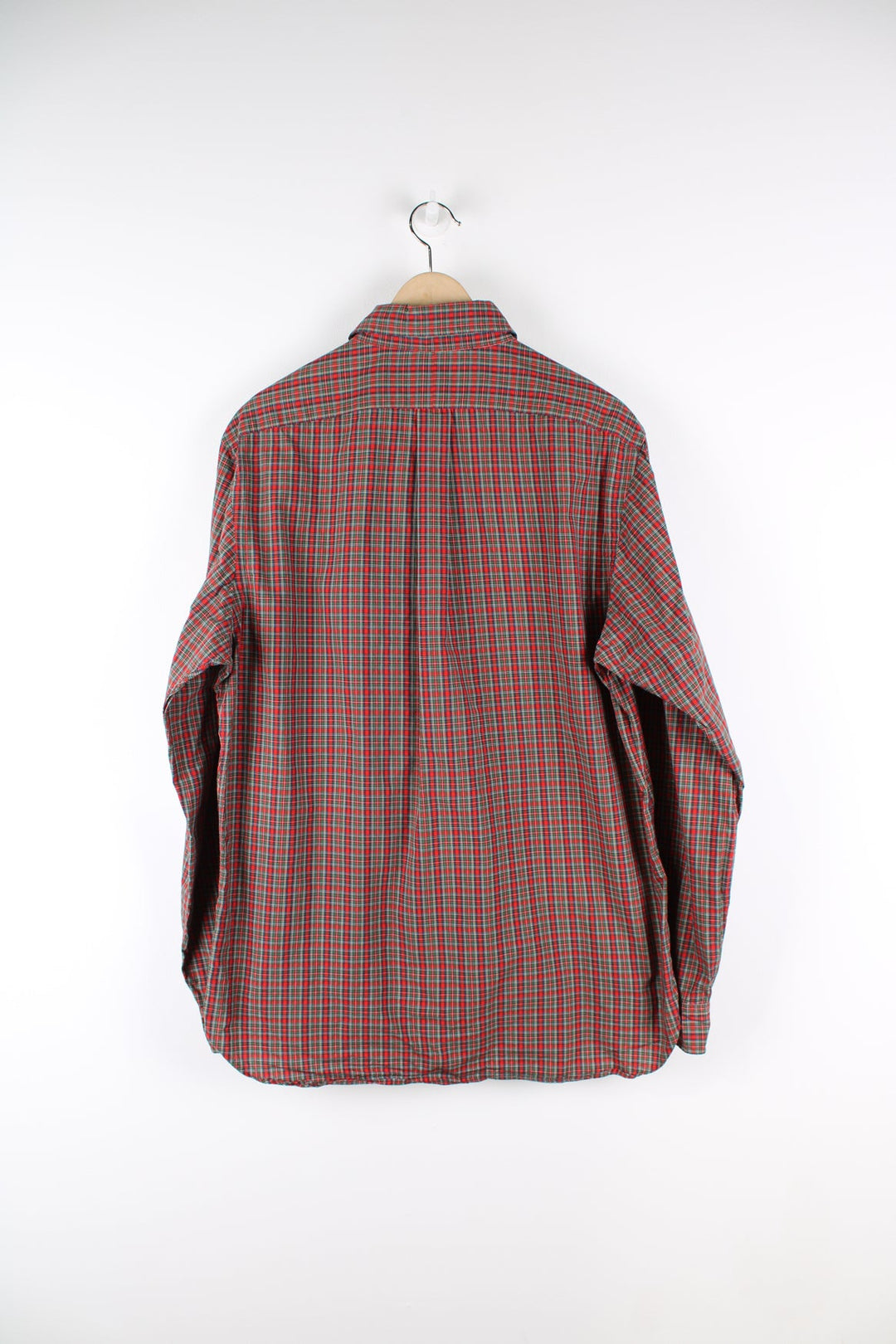 Ralph Lauren red and green plaid button up shirt with signature embroidered logo on the chest.