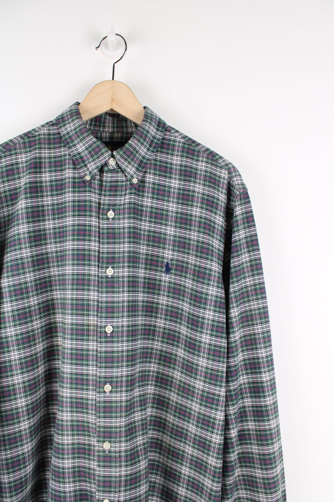 Ralph Lauren green plaid button up shirt with signature embroidered logo on the chest. 