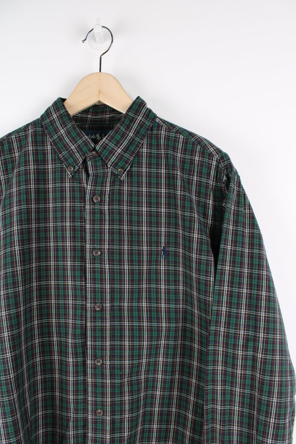 Ralph Lauren green plaid button up shirt with signature embroidered logo on the chest.