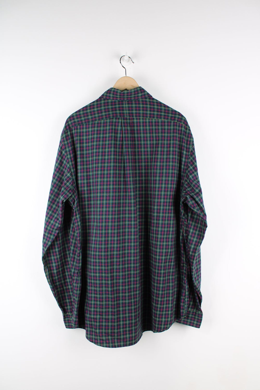 Green and blue Ralph Lauren plaid button up shirt with signature embroidered logo on the chest.