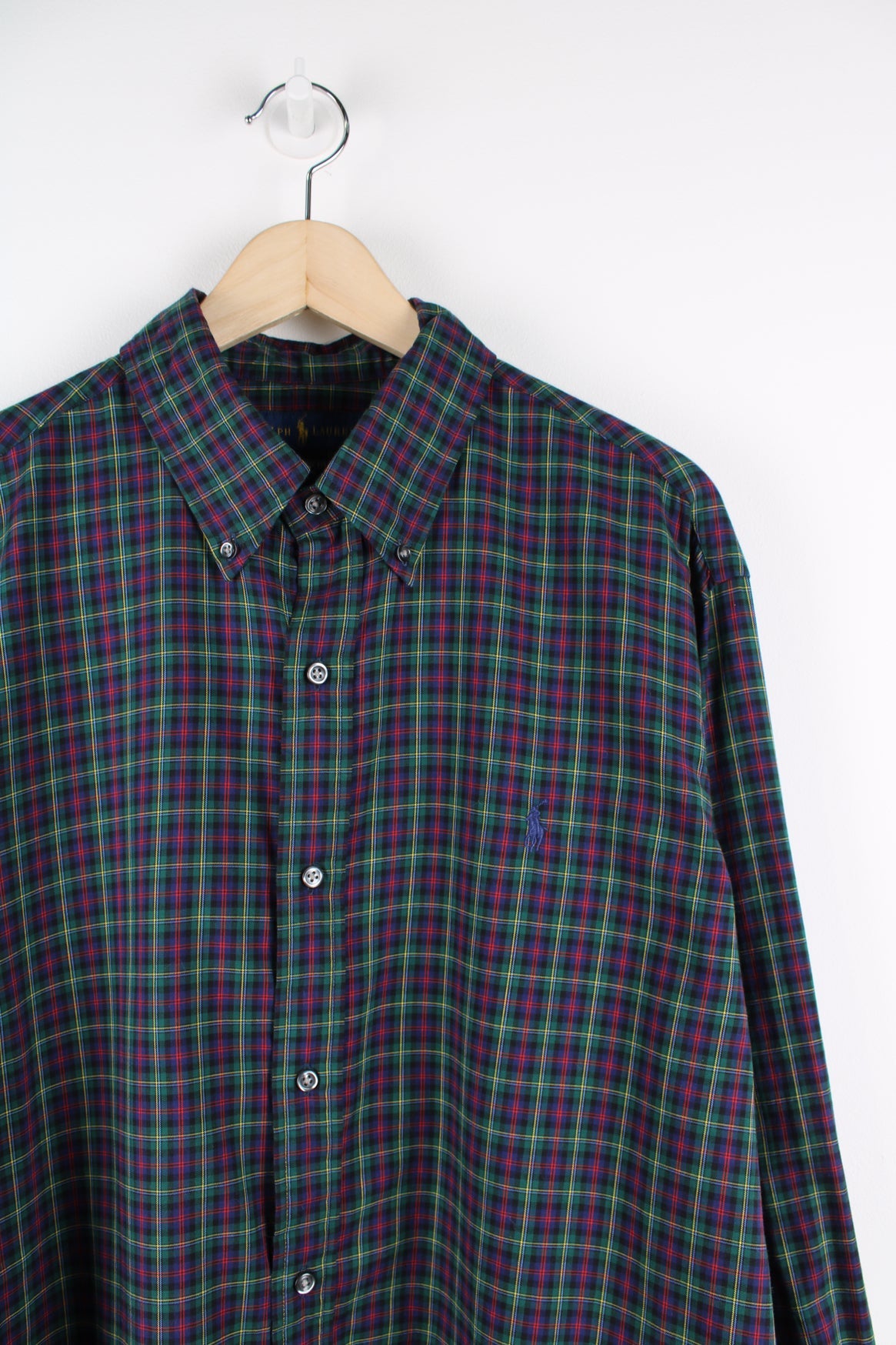 Green and blue Ralph Lauren plaid button up shirt with signature embroidered logo on the chest.